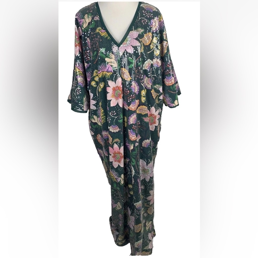 Eloquii green floral Sequin Vneck Kaftan dress Sz 14-16 - Picture 2 of 16